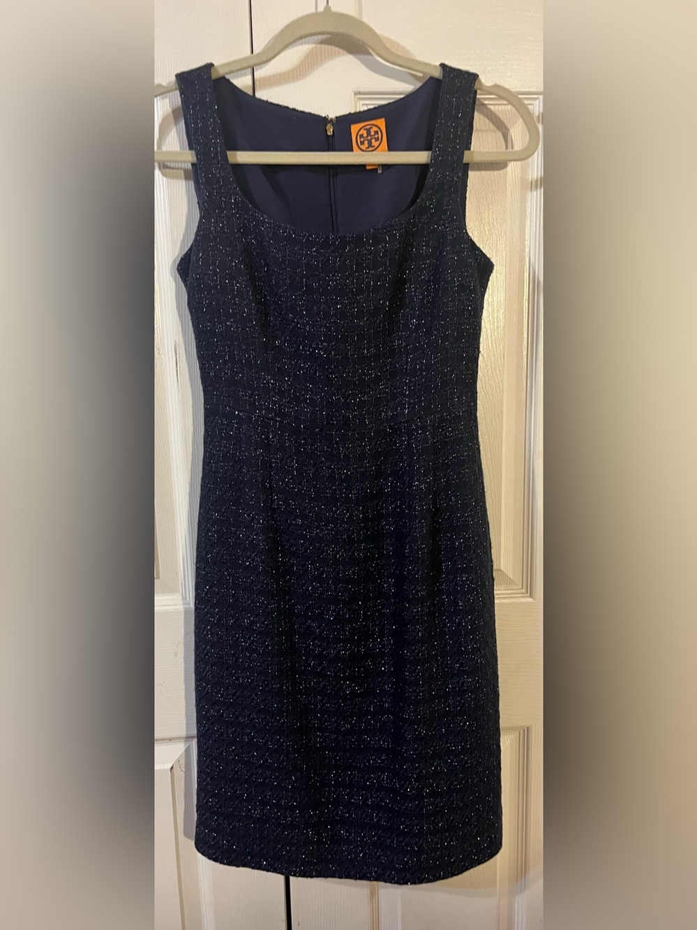 Tory Burch Navy Metallic Tweed Shimmer Sheath Dress Size 4